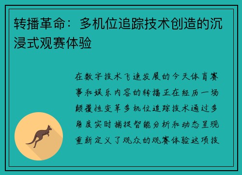 转播革命：多机位追踪技术创造的沉浸式观赛体验